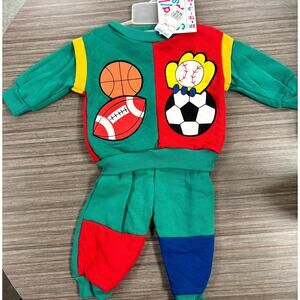 Vintage Small Steps Sweatshirt Pants Set Boys Size 12M Green Sports Colorblock